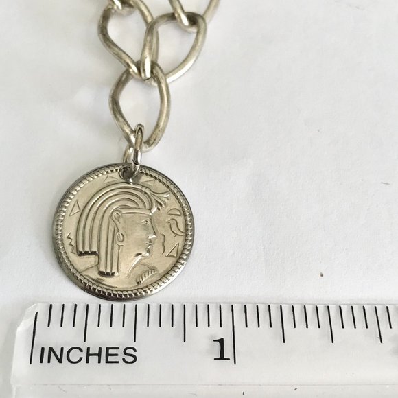 Vintage Egyptian Coin Charm Bracelet Silver Plated 7-10" Chain Egypt Lady Queen - Picture 7 of 7